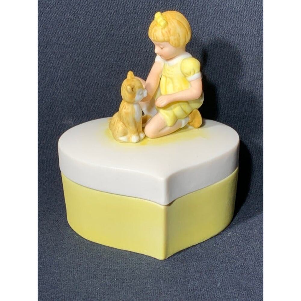 Yellow Porcelain Heart Shape Trinket Box Girl Petting Cat